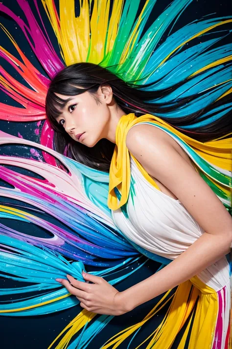 A beautiful Japanese girl is depicted in a vertical portrait, emerging from a vibrant splash of multicolored paint. She has long, dark hair with bangs framing her delicate face, and her expression is serene and captivating. She wears a semi-transparent, li...