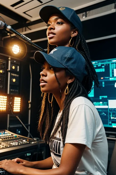 In a recording studio, a singer with urban style works on his next song. She wears diamond and gold chains that shine under the studio lights. With a baseball cap backwards, a tight t-shirt and worn jeans, is in front of the microphone, capturing your voic...