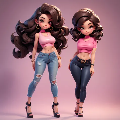  A sexy cartoon woman in jeans and pink crop top posing gracefully for a photo, beauty in jeans, wavy brown hair, Waist slender, cebelos black sexy girl, mulher de corpo inteiro, wearing jeans, beautiful seductive woman, slender figure, cartoon vector styl...