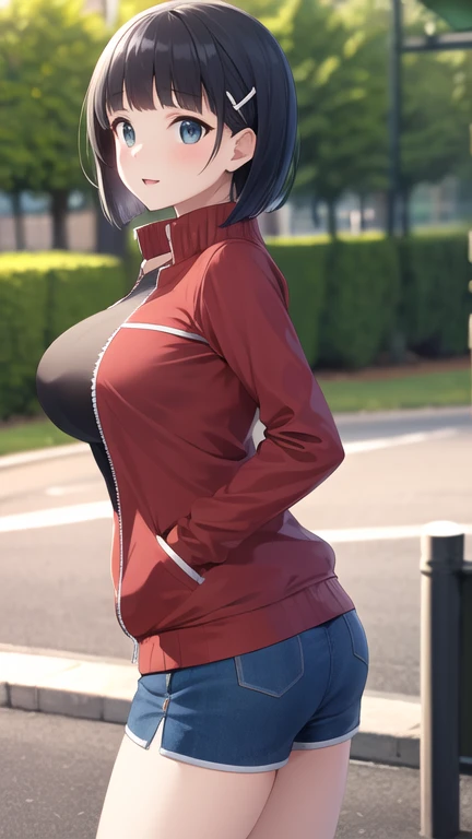 masterpiece, best quality, highres, aasugu, short hair, hairclip, large breasts, track jacket, red jacket, black shirt, blue shorts, standing, cowboy shot, park, outdoors,