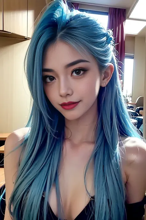 From afar, beautiful face， sensual poses， Being alone， 1 girls，smile with， The best quality at the best.， hair ornament nmasterpiece, Butter，blue hairs