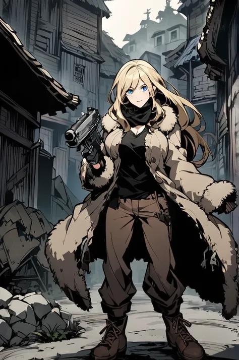 Tall, pale woman, long straight blonde hair, blue eyes, large defined breasts, dressed in a black shirt and a sheepskin jacket, brown pants, boots, gloves with cut off fingers,Holding a pistol, resident evil 4 style strange village background