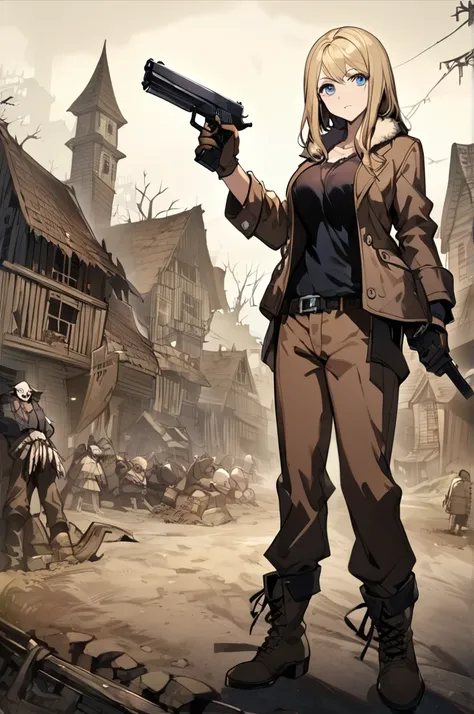 Tall, pale woman, long straight blonde hair, blue eyes, large defined breasts, dressed in a black shirt and a sheepskin jacket, brown pants, boots, gloves with cut off fingers,Holding a pistol, resident evil 4 style strange village background