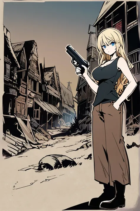 Tall, pale woman, long straight blonde hair, blue eyes, large defined breasts, dressed in a black shirt and a sheepskin jacket, brown pants, boots, gloves with cut off fingers,Holding a pistol, resident evil 4 style strange village background