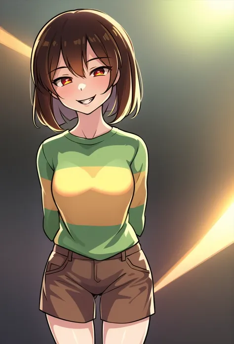 masterpiece, best quality, detailed, 1girl, striped shirt, t-shirt, brown shorts, lens flare, bloom, outside, standing, chara, c...