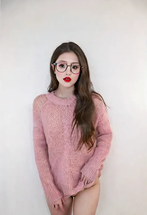 1girl, Red Lips, Pink sweater, Bottomless naked, standing in floor glasses, white background,