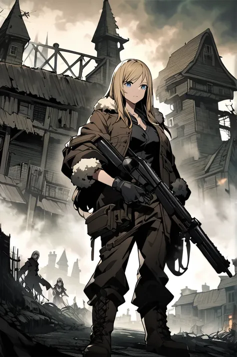 Tall, pale woman, long straight blonde hair, blue eyes, large defined breasts, dressed in a black shirt and a sheepskin jacket, brown pants, boots, gloves with cut off fingers,Holding a pistol, resident evil 4 style strange village background