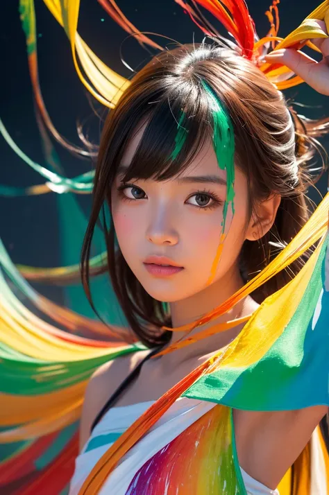 A beautiful Japanese girl is depicted in a vertical portrait, emerging from a vibrant splash of multicolored paint. She has long, dark hair with bangs framing her delicate face, and her expression is serene and captivating. She wears a semi-transparent, li...