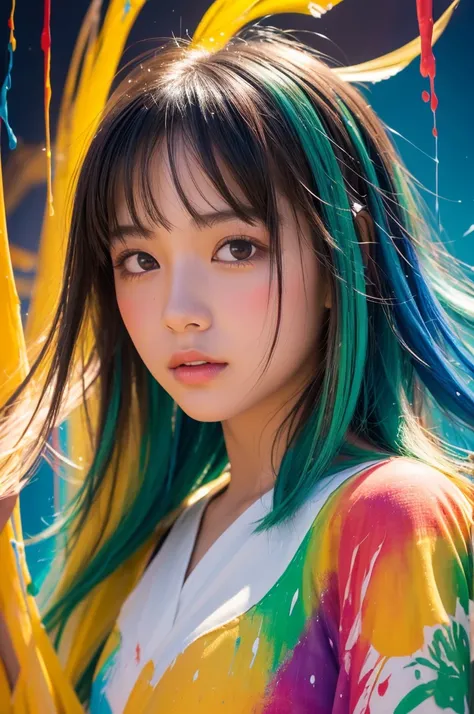 A beautiful Japanese girl is depicted in a vertical portrait, emerging from a vibrant splash of multicolored paint. She has long, dark hair with bangs framing her delicate face, and her expression is serene and captivating. She wears a semi-transparent, li...