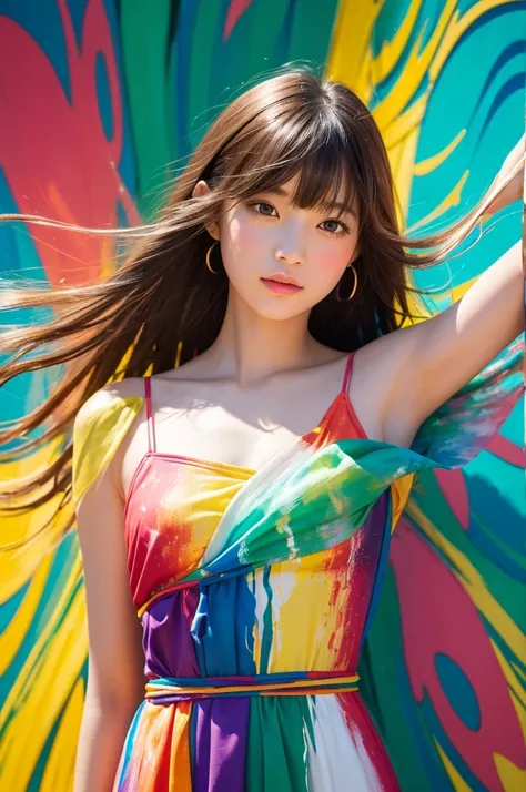 A beautiful Japanese girl is depicted in a vertical portrait, emerging from a vibrant splash of multicolored paint. She has long, dark hair with bangs framing her delicate face, and her expression is serene and captivating. She wears a semi-transparent, li...