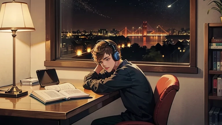 little boy, 20 year, short-hair, brown, greeneyes, estilo rebelde, like James Dean, Wearing Headphones, studying with laptop, notebook and books, next to a large window, with a view of the illuminated city `the night. na sala, lighting from a table lamp, w...