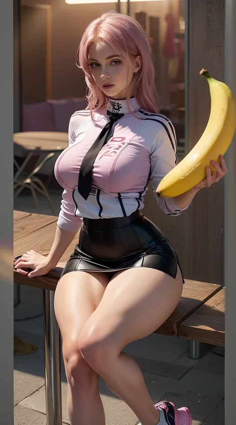 (((ultra realistic))) photoshot, work of art, maximum quality, (pale skin), (Rosto e olhos ultra detailds:1.2), 1 voluptuous girl, blonde, adult, banana big fit ass no colo,((in one size, tight and small skirt)), Strapless bra, ((very heavy eye makeup, rím...