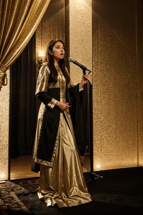 A cleric is lecturing in front of the microphone, luxury room background