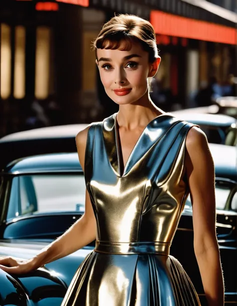 (masterpiece, best quality, hyper realistic, raw photo, ultra detailed, extremely detailed, intricately detailed), (photorealistic:1.4), (photography of Audrey Hepburn wearing a fashionable Pleated metallic midi dress with V-neckline, designed by Hubert de...