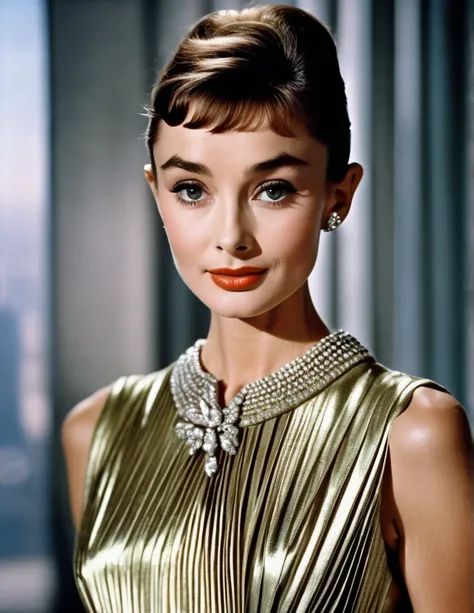 (masterpiece, best quality, hyper realistic, raw photo, ultra detailed, extremely detailed, intricately detailed), (photorealistic:1.4), (photography of Audrey Hepburn wearing a fashionable Pleated metallic midi dress with V-neckline, designed by Hubert de...