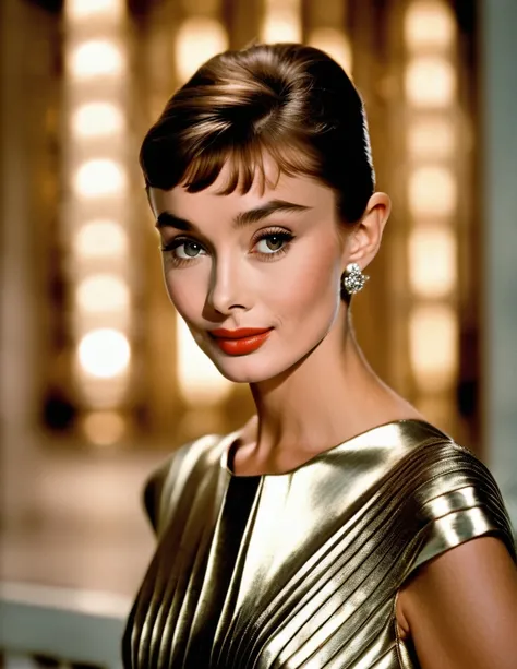 (masterpiece, best quality, hyper realistic, raw photo, ultra detailed, extremely detailed, intricately detailed), (photorealistic:1.4), (photography of Audrey Hepburn wearing a fashionable Pleated metallic midi dress with V-neckline, designed by Hubert de...