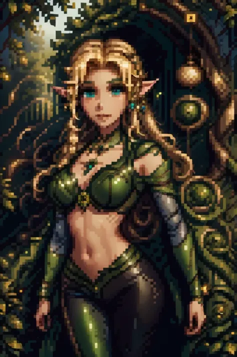 medieval setting, full view of body, (detailed elf ear, 1 woman, elven featured face, beautiful green eyes, blonde hair), leather armor, black leather pants, 