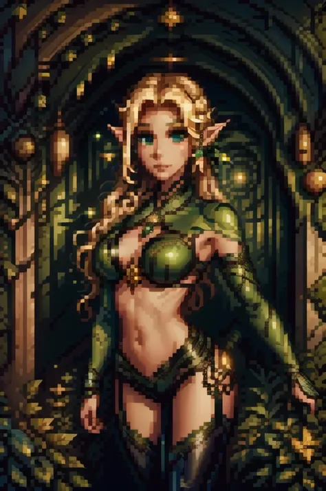 medieval setting, full view of body, (detailed elf ear, 1 woman, elven featured face, beautiful green eyes, blonde hair), leather armor, black leather pants, 