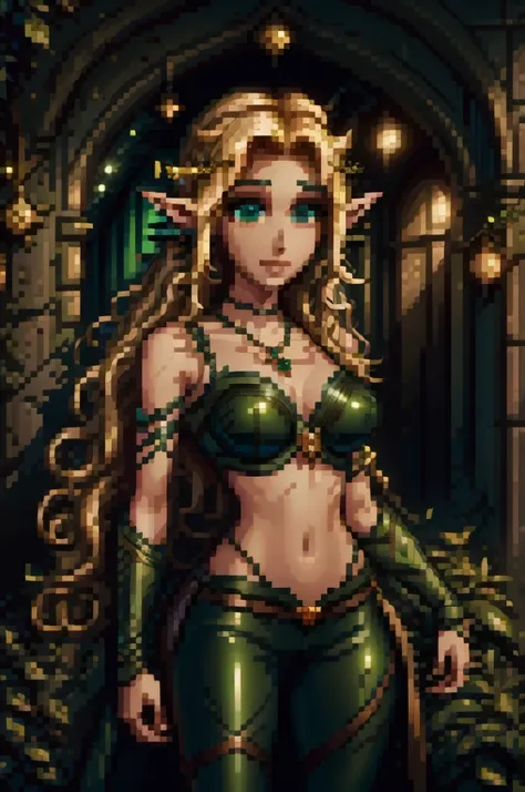 medieval setting, full view of body, (detailed elf ear, 1 woman, elven featured face, beautiful green eyes, blonde hair), leathe...