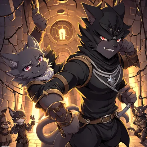 illustrated toon anime cartoon, animated series, in anime cartoon style, toon aesthetic, anthro, Kemono,Anime Cartoon,((in scary dungeon:1.5)), scary, horrifying, ((black adventurer costume:1.5)), adventure quest, exploring the dungeon,handsome, cat boy, m...