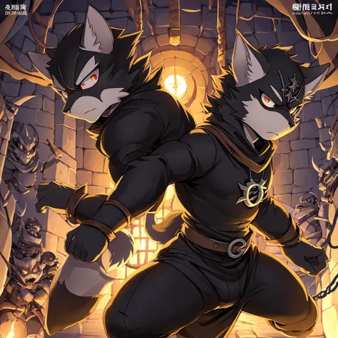 illustrated toon anime cartoon, animated series, in anime cartoon style, toon aesthetic, anthro, Kemono,Anime Cartoon,((in scary dungeon:1.5)), scary, horrifying, ((black adventurer costume:1.5)), adventure quest, exploring the dungeon,handsome, cat boy, m...