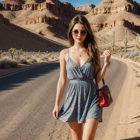 a girl, 28 years old, ((best quality)), ((detailed)),(masterpiece), (American), ((blue eyes)) long hair, freckles, red lips, slightly smiling, standing, sunglasses on her face, wearing a colorful short dress, small handbag in one hand,  ((desert carpet roa...