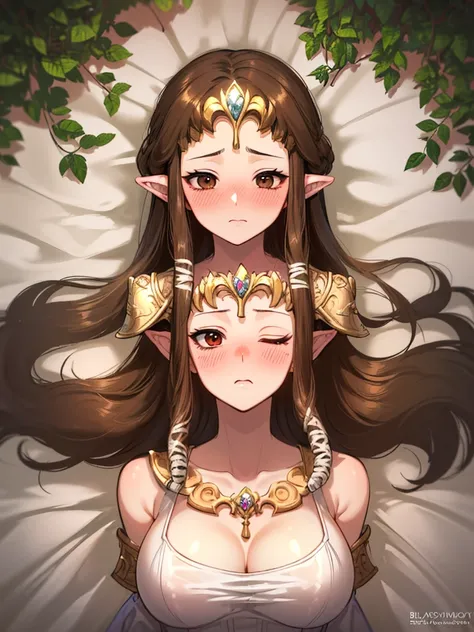 ((((Very beautiful mature woman)))),((surprised),((Scared)),((Close one eye)),((((Exposed shoulders)))),(((look up))),,(((Upper body only)),,(((Long Hair)))),((Big Breasts)),((((Exposed shoulders)))),((Front Face)),Princess Zelda, ((Highest quality)),,(Ver...