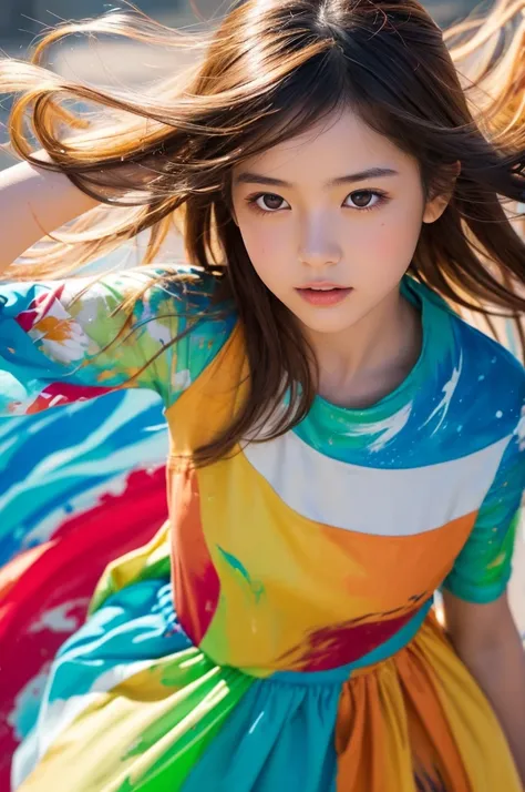 A beautiful Japanese girl is depicted in a vertical portrait, emerging from a vibrant splash of multicolored paint. She has long, dark hair with bangs framing her delicate face, and her expression is serene and captivating. She wears a semi-transparent, li...