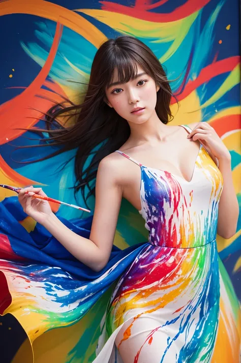 A beautiful Japanese girl is depicted in a vertical portrait, emerging from a vibrant splash of multicolored paint. She has long, dark hair with bangs framing her delicate face, and her expression is serene and captivating. She wears a semi-transparent, li...