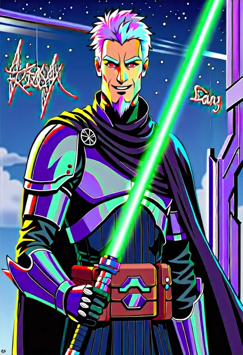 full-body shot, star wars: the clone wars, comic art style, (heroic young man, tall and brawny, irish pale white albino, subtle grin, long spiky white hair, thick white eyebrows, pink eyes), bastard greatsword, larger thicker flat green plasma blade, in a ...