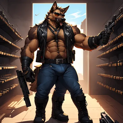 Solo, male, medium muscular, german shepherd, dog, biker, hairy chest, furry chest hair, shirtless, leather vest, blue jeans, leather chest harness, gun holster, gun, leather fingerless gloves, combat boots, boots, cigar, cigar in mouth, nipple piercing ((...