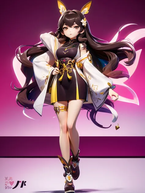 hair divided on half, Seizo Watase style, Simple Line Initialism，Abstract art, 3d character, colorful hearts ,(((The most beautiful girl of all time))),  (full body 1.2), only girl, long hair, 20 year old, full body, (((8k))), (((3d)), dark brown hair