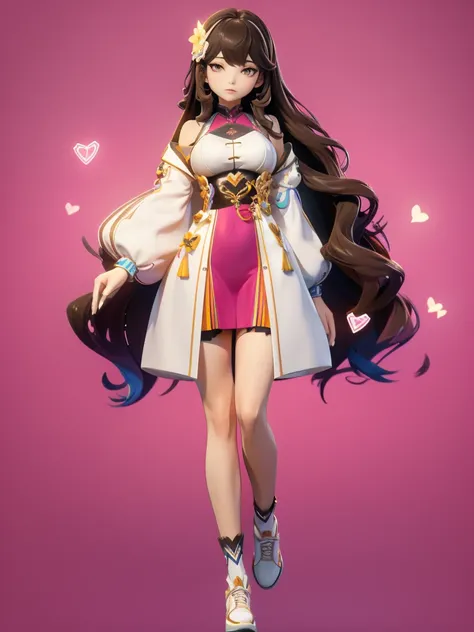 hair divided on half, Seizo Watase style, Simple Line Initialism，Abstract art, 3d character, colorful hearts ,(((The most beautiful girl of all time))),  (full body 1.2), only girl, long hair, 20 year old, full body, (((8k))), (((3d)), dark brown hair