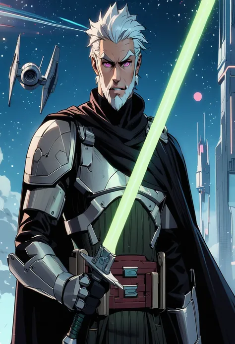 full-body shot, star wars: the clone wars, comic art style, (heroic young man, tall and brawny, irish pale white albino, subtle grin, long spiky white hair, thick white eyebrows, pink eyes), bastard greatsword, larger thicker flat green plasma blade, in a ...