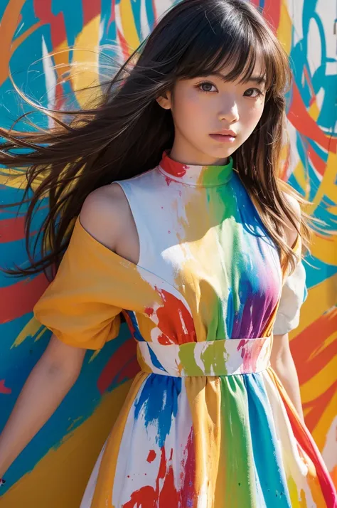 A beautiful Japanese girl is depicted in a vertical portrait, emerging from a vibrant splash of multicolored paint. She has long, dark hair with bangs framing her delicate face, and her expression is serene and captivating. She wears a semi-transparent, li...