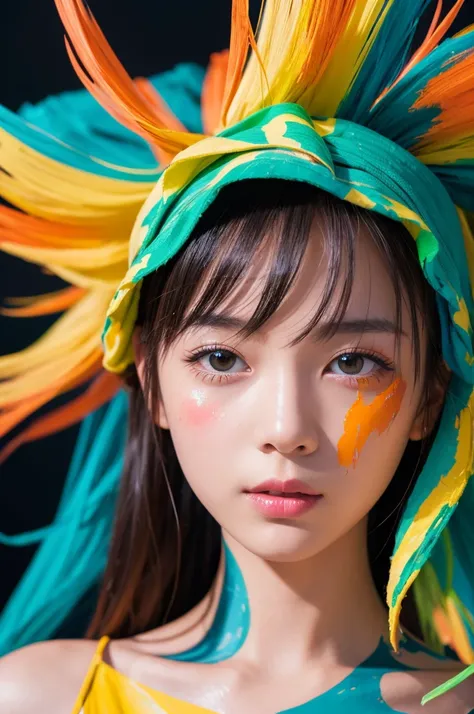 A beautiful Japanese girl is depicted in a vertical portrait, emerging from a vibrant splash of multicolored paint. She has long, dark hair with bangs framing her delicate face, and her expression is serene and captivating. She wears a semi-transparent, li...