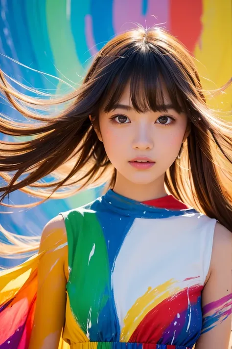 A beautiful Japanese girl is depicted in a vertical portrait, emerging from a vibrant splash of multicolored paint. She has long, dark hair with bangs framing her delicate face, and her expression is serene and captivating. She wears a semi-transparent, li...