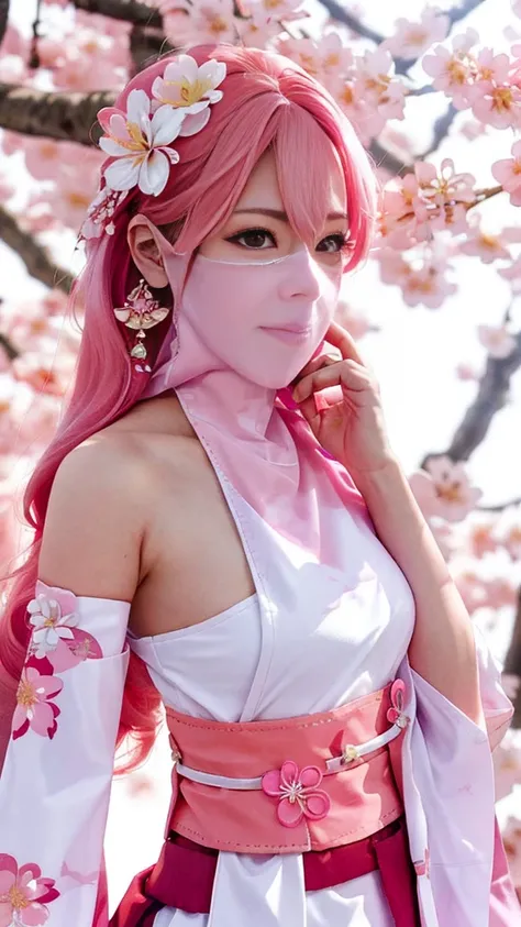 ((masterpiece, best quality)), (1girl),((mature female)), animal ears, bare shoulders, blush, breasts, cherry blossoms, closed mouth, detached sleeves, earrings, fingernails, flower, fox ears, gem, hair between eyes, hair ornament, hand up, japanese clothe...