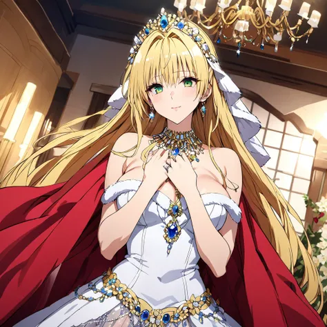 ((Highest quality)), ((masterpiece)), (detailed), （Perfect Face）、The woman is Tiare, has green eyes, medium-long blonde hair, and is wearing an engagement ring.、The woman is wearing a gorgeous and dazzling Victorian princess dress, a gorgeous see-through c...