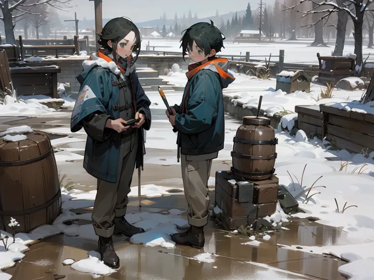 (masterpiece, best quality) detailed, Snow，Two little boys，cold