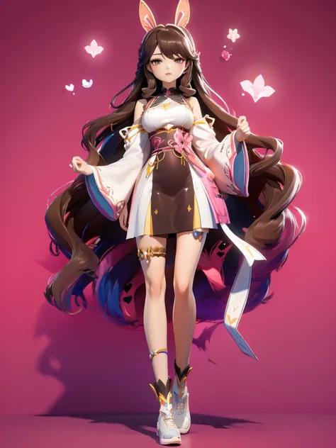 hair divided on half, Seizo Watase style, Simple Line Initialism，Abstract art, 3d character, colorful hearts ,(((The most beautiful girl of all time))),  (full body 1.2), only girl, long hair, 20 year old, full body, (((8k))), (((3d)), dark brown hair