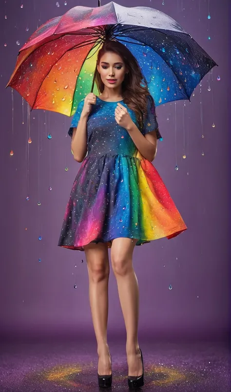 Rainbow colored raindrops and cosmic patterns on the dress. Women must wear high heels and hold galaxy-themed umbrellas. It is very important that each individual color spectrum is clearly visible and that the woman stands out against a clearly colored bac...