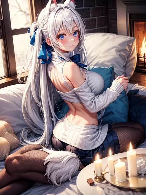 Anime, 1girl, backside view, white hair, blue eyes, glowing eyes, fishnet leggings, white winter sweater, mini-skirt, white underwear, slight smile, blush, cozy house, fireplace, white neck bow, white fox ears, black tight leggings, blue glowing, bedroom, ...