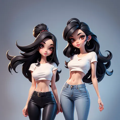  A sexy cartonn woman in jeans and white crop top posing gracefully for a photo, beauty in jeans, long straight black hair, Waist slender, sexy girl, mulher de corpo inteiro, wearing jeans, beautiful seductive woman, slender figure, cartoon vector style, c...