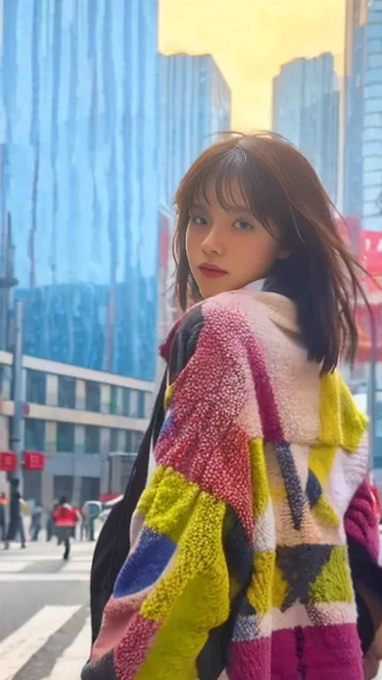 1girl walking down a busy city street, looking back over her shoulder. The background features a bustling urban environment with colorful street art on the walls