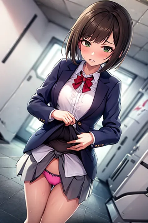 masterpiece, Highest quality, High resolution, MyMiku, short hair, teeth, , Red Bow, Collared shirt, Blue jacket, blazer, Long sleeve, Pleated skirt, Grey Skirt, Black knee socks, Cowboy Shot, anger, Are standing, locker room,Shirt open,Skirt up to the bel...