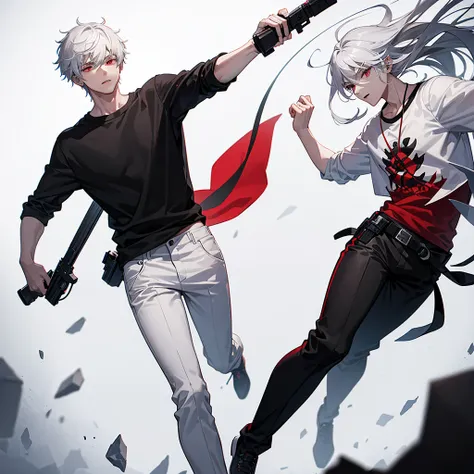 20 year old man with white hair red eyes wearing a black t-shirt and white pants with a gun in his hand