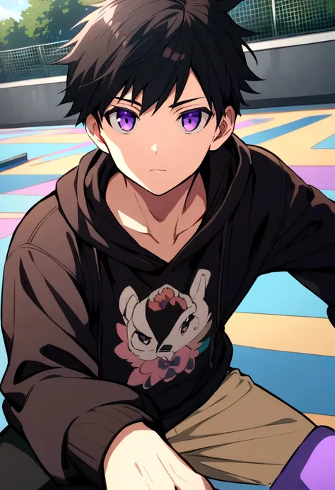 Anime boy with black hair and purple eyes in a skatepark 