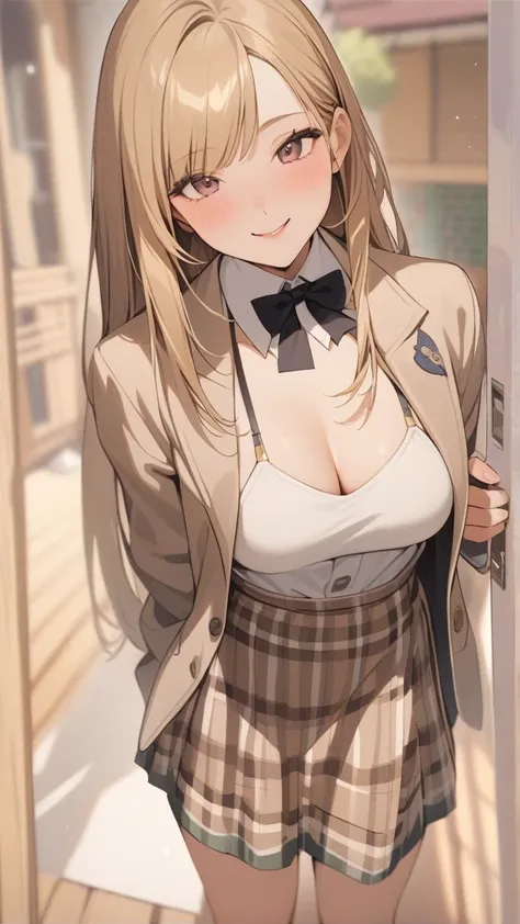 Beautiful sexy 1girl, blonde hair, (straight hair), bangs on one side, head tilt, (waist), light brown cardigan, plaid skirt, red bowtie, arms behind back, looking at viewer, happy smile, entrance, outdoor, from above, 20 yo, (depth of field), masterpiece,...