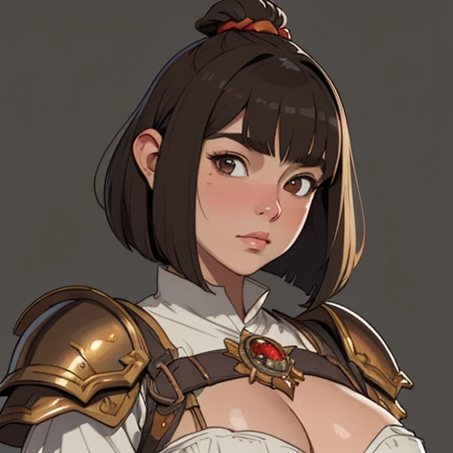 (masterpiece), (best quality),(portrait),(bust up),1girl,solo,(sharp focus),(look at viewer),(hime cut),dwarf girl,dwarf,bob cut, brown hair,fat ,ancient luxurious long clothes,armor,(simple background),old school fantasy art,super shiny face,Ultra Glossy ...